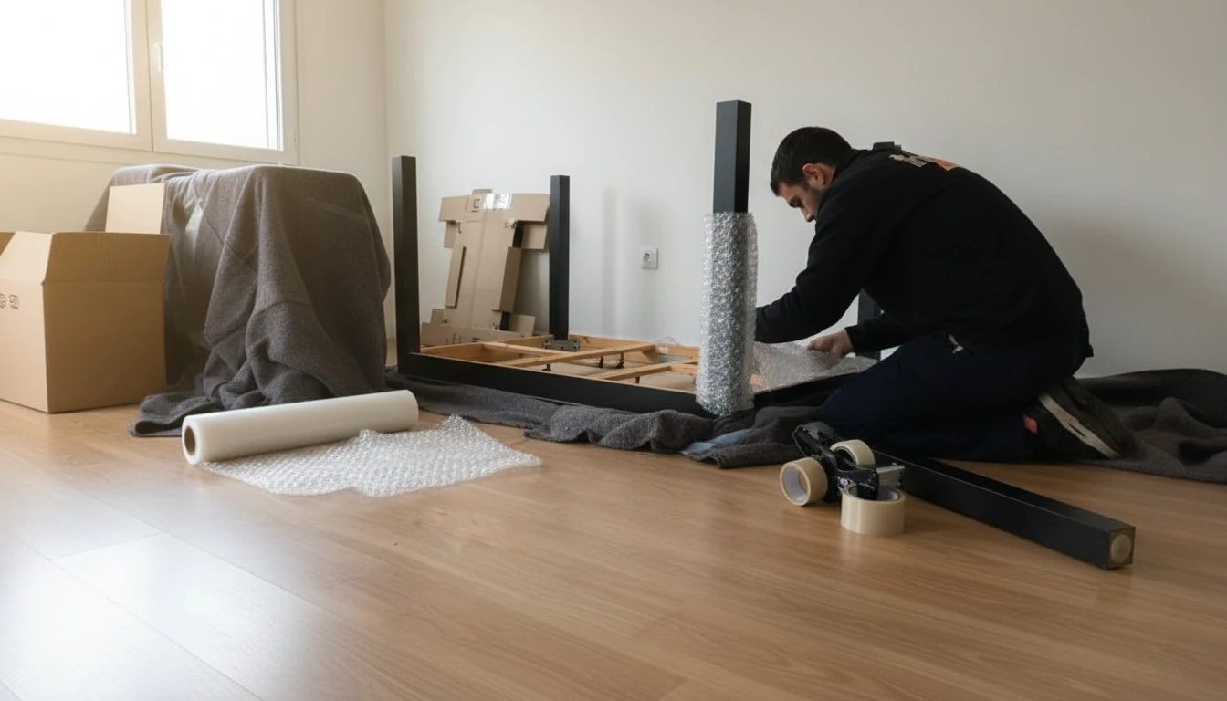 Persona desmontando una mesa con tornillos en bolsas etiquetadas sobre manta de mudanza