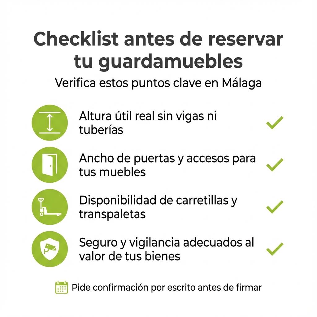 Checklist visual con los puntos principales a revisar antes de contratar un guardamuebles.