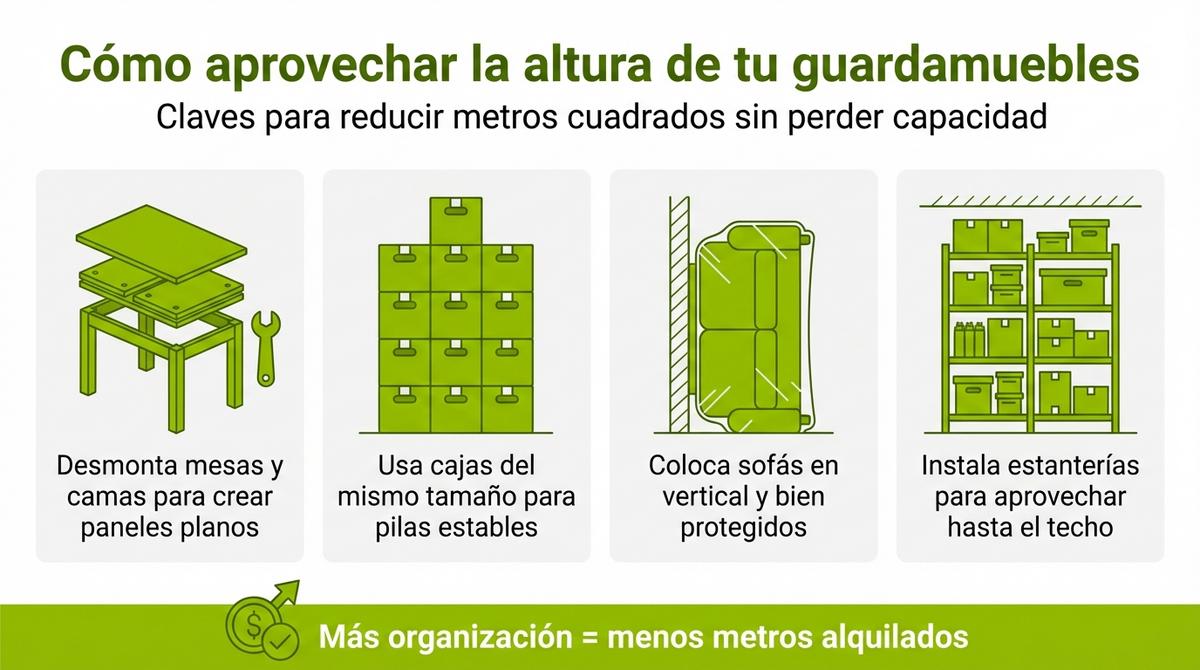 Diagrama con consejos visuales para aprovechar la altura de un guardamuebles mediante organización y desmontaje de muebles.