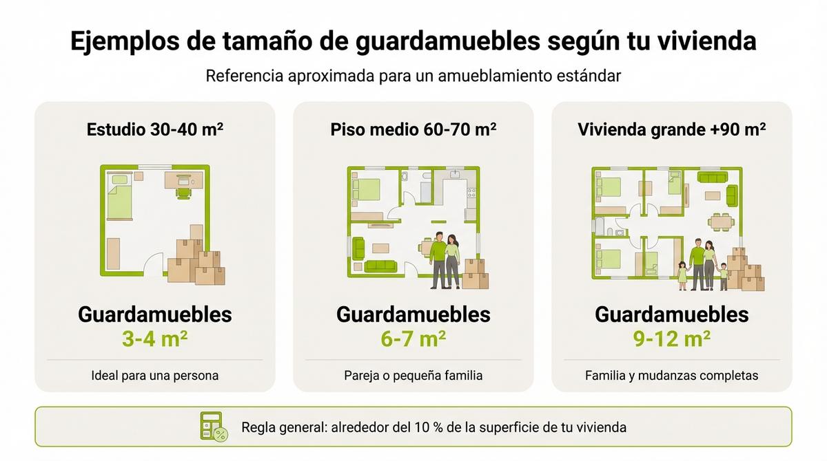 Infografía con ejemplos de tamaño de guardamuebles recomendado según los metros cuadrados de la vivienda.