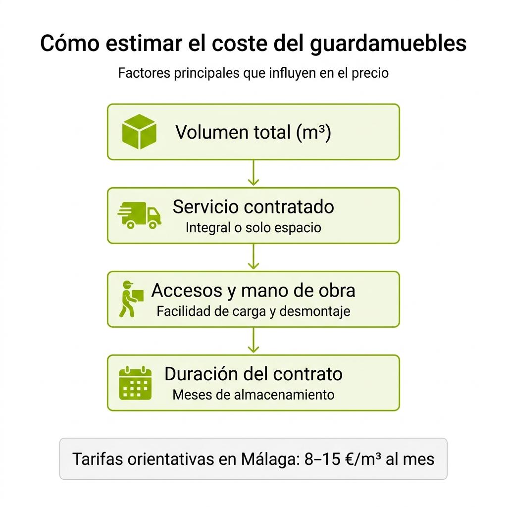 Diagrama de los factores principales que influyen en el coste de un servicio de guardamuebles.