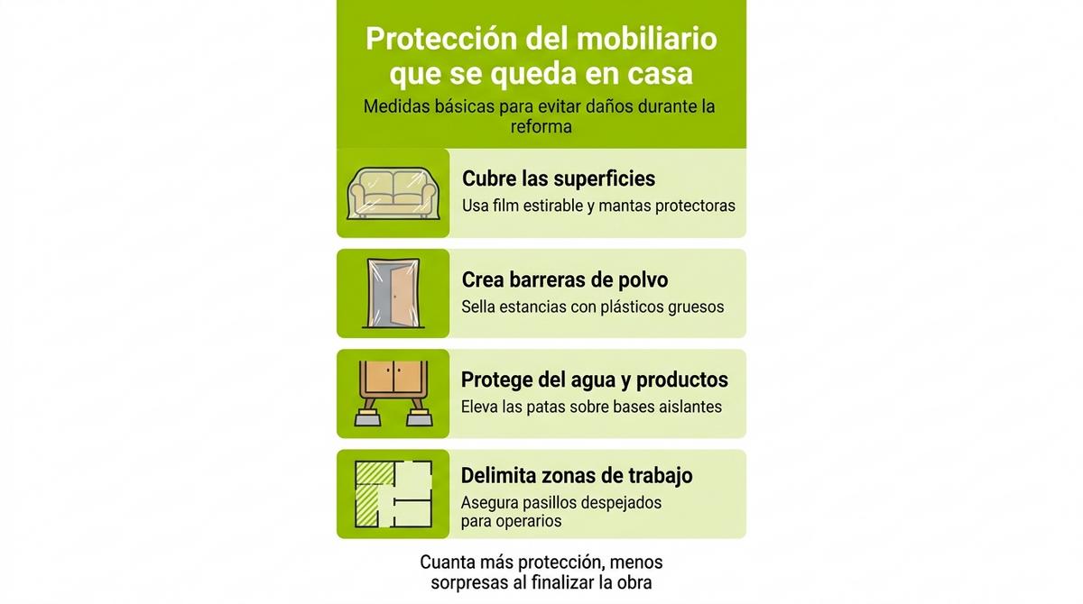 Infografía con recomendaciones para proteger los muebles que permanecen en la vivienda durante una reforma.