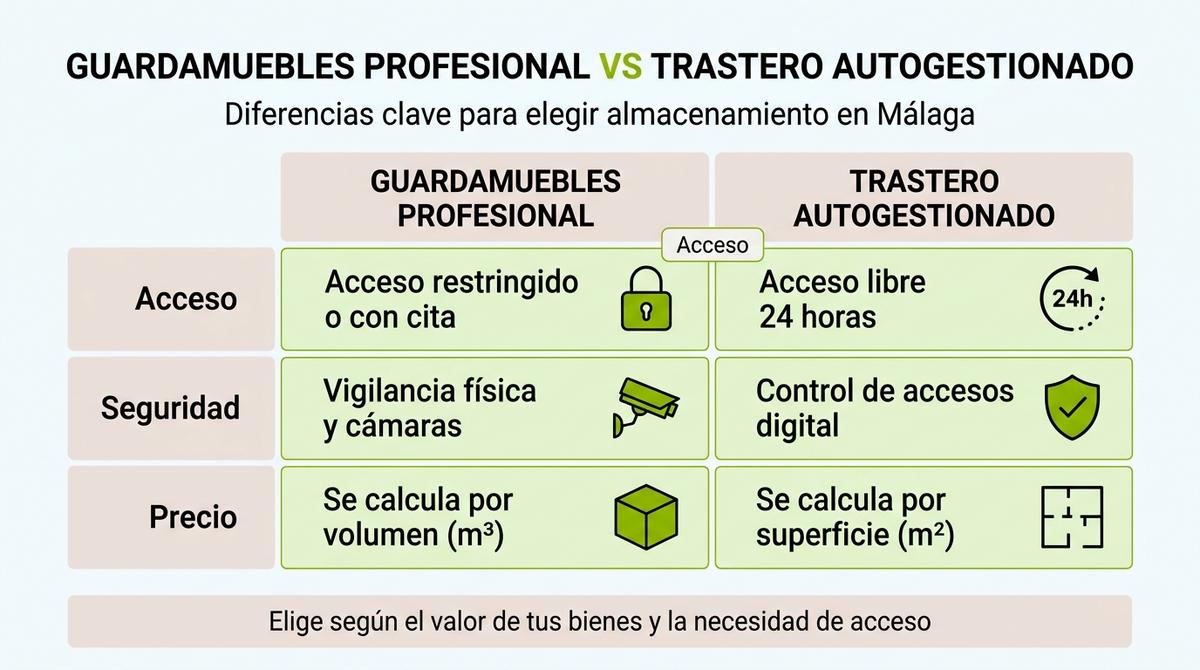 Infografía que compara las características de un guardamuebles profesional y un trastero autogestionado.
