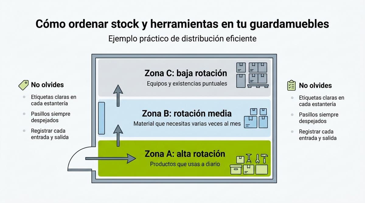 Diagrama esquemático que muestra la distribución por zonas A, B y C del stock dentro de un guardamuebles.