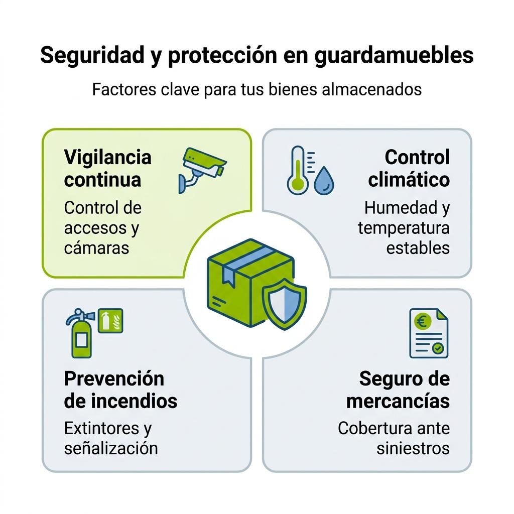 Infografía sobre los principales factores de seguridad y protección en un guardamuebles profesional.
