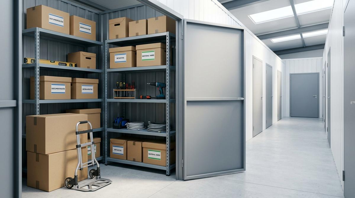 Interior de un trastero con estanterías llenas de cajas etiquetadas y herramientas organizadas.