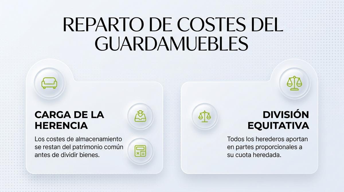 Esquema visual sobre el reparto de costes del almacenamiento temporal de enseres heredados entre todos los beneficiarios.