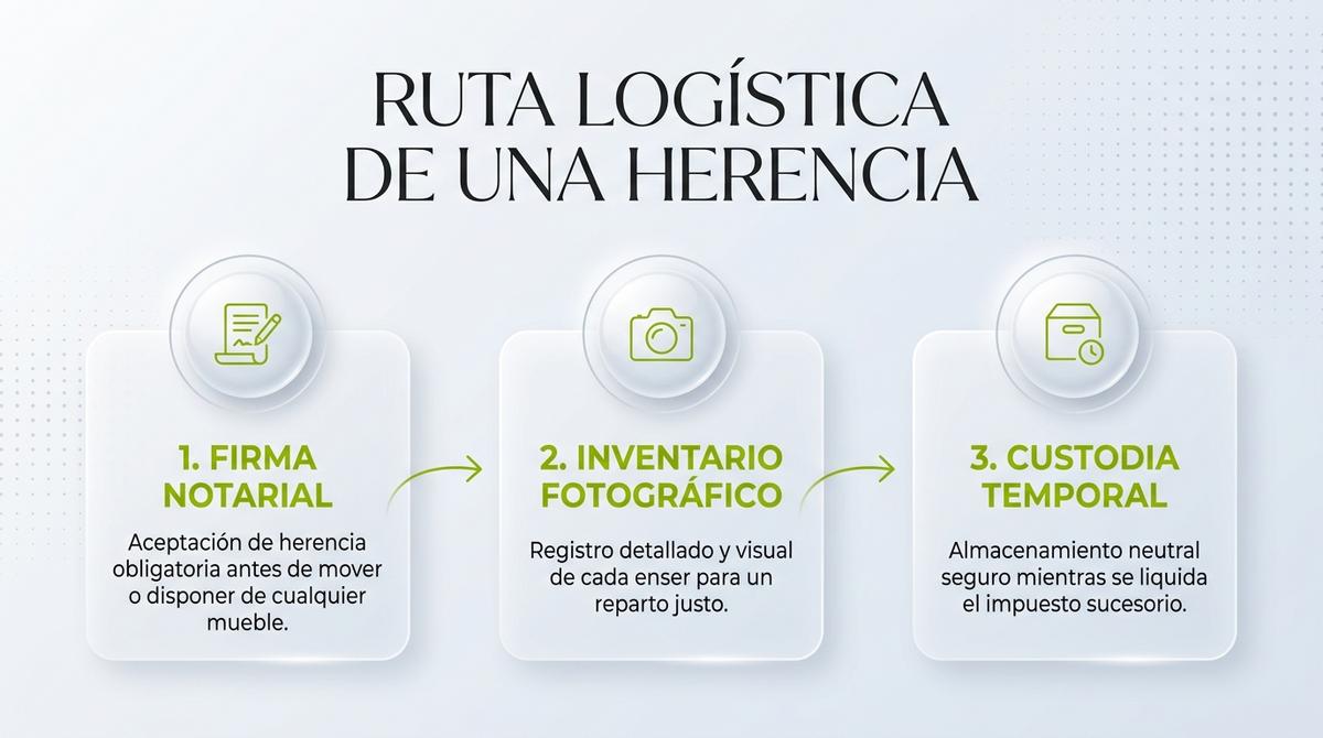 Infografía con las 3 fases clave para gestionar el vaciado y custodia de bienes de una herencia de forma legal y ordenada.
