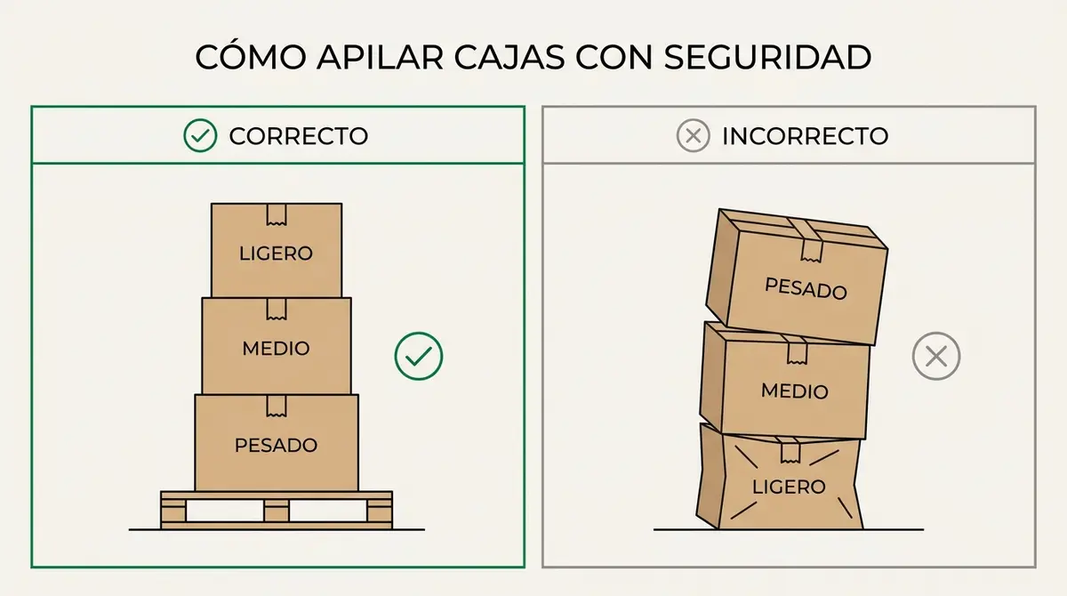 Diagrama técnico comparativo que enseña la forma correcta e incorrecta de apilar cajas en un almacén.