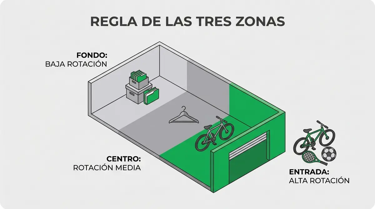 Infografía en perspectiva que ilustra la regla de las tres zonas de almacenamiento según la frecuencia de uso.