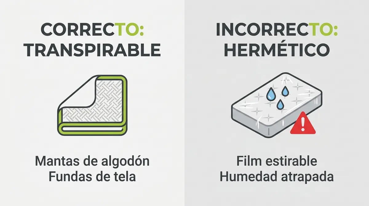 Esquema comparativo de materiales de embalaje transpirables vs herméticos para almacenamiento.