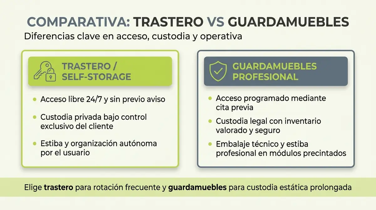 Infografía comparativa con las diferencias clave entre el servicio de trastero y guardamuebles en acceso, custodia y manipulación